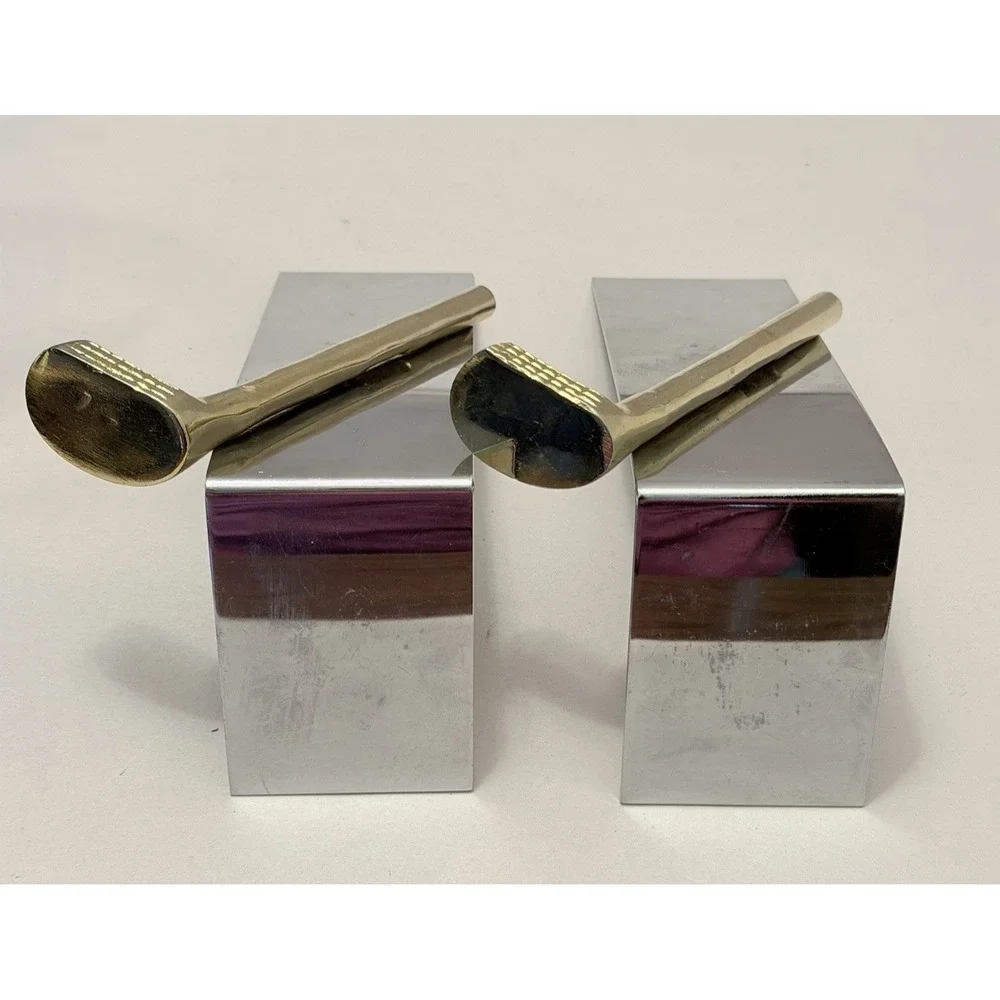 VTG MCM Chrome Golf Club Bookends Office Decor Silver Gold Metal Pair Retro Mod
